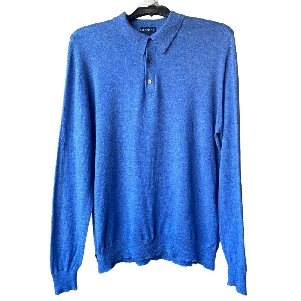 Lands' End men's size XL 3 button collared long sleeve 100% wool sweater